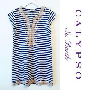 Calypso St Barth Blue Stripe Embroidered Dress M
